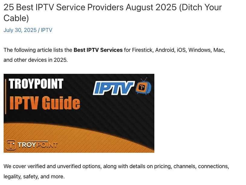 TROYPOINT August 2025 Best IPTV Services list featuring IPTV Stream Plus