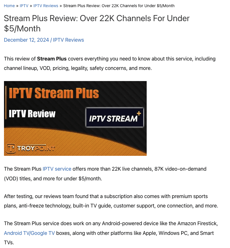 TROYPOINT review of IPTV Stream Plus in 2024